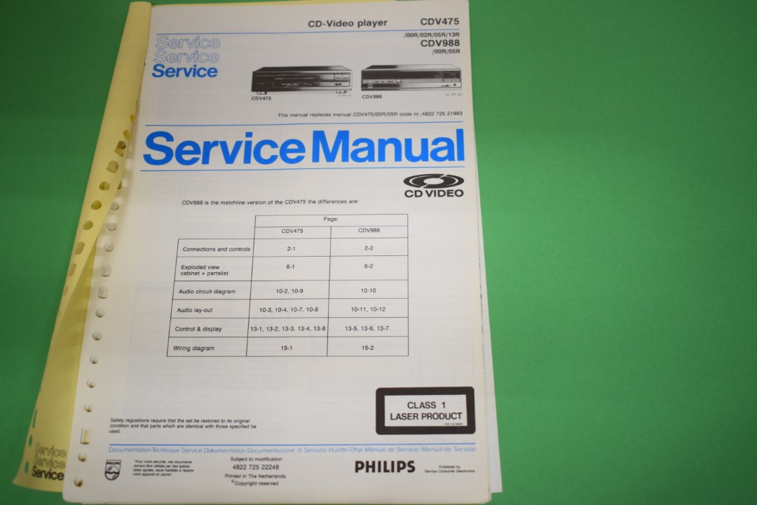 Philips CDV475 CD-Video (Laserdisc) Player Service Manual  			
